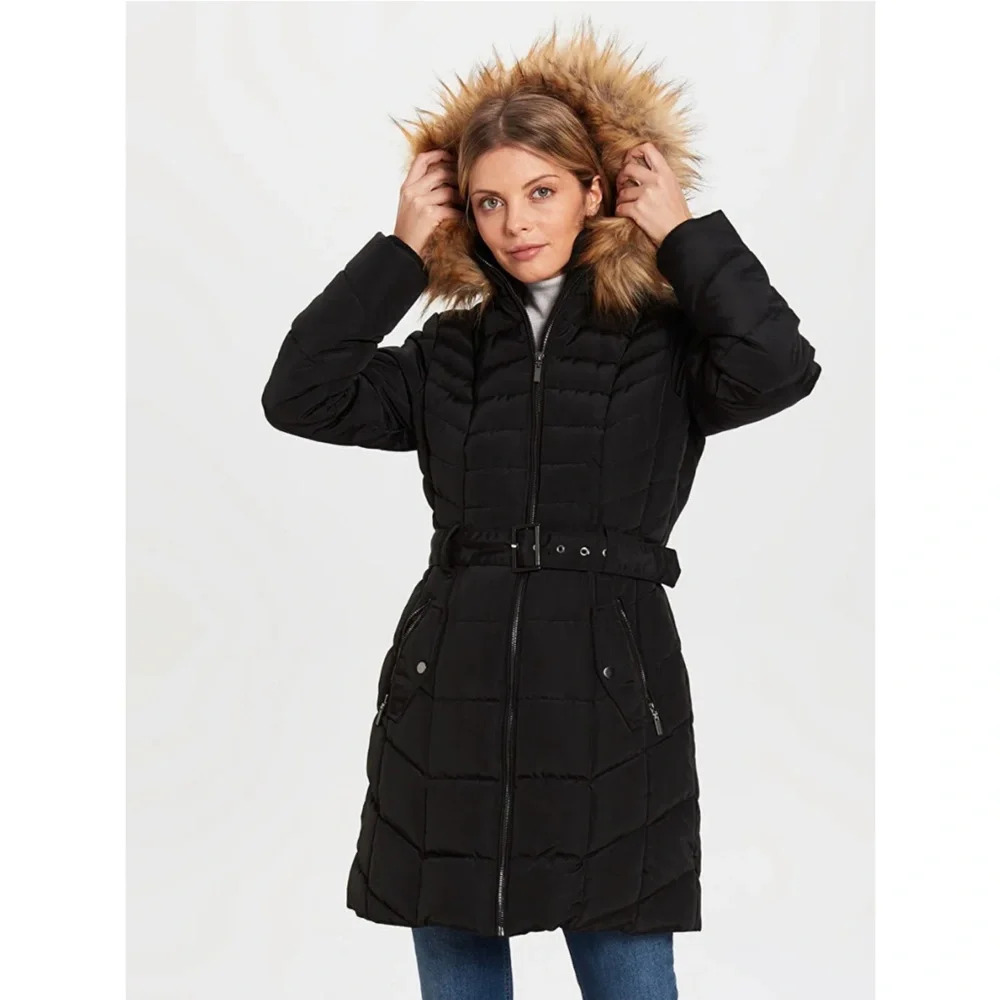 Karl Lagerfeld Belted Puffer Trench Coat Faux Fur Hood Black Size L